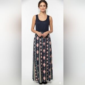 Just Be Navy Blue Pink Lace Sleeveless Aztec Maxi Dress Southwestern Boho L